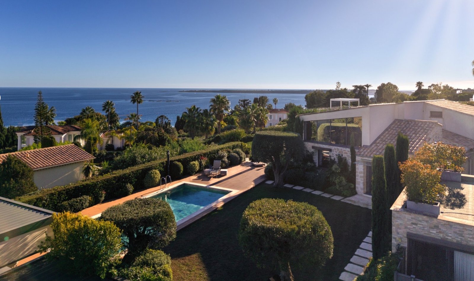 South of France Villa, Vallauris — aerial view of pool and gardens with sea view
