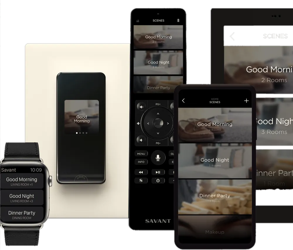 Savant smart home control system — app, remote and wall panel