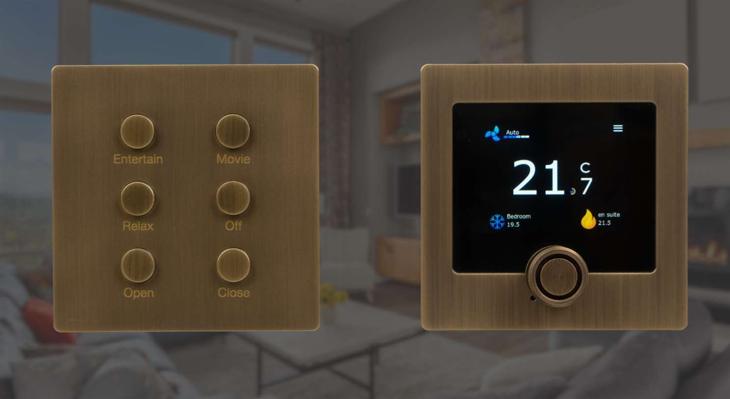 Lutron smart lighting keypad and thermostat in antique brass finish